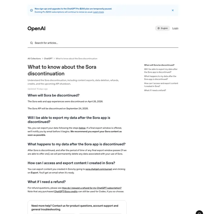 The OpenAI help article about Sora discontinuation as it appeared on 16 September 2026.