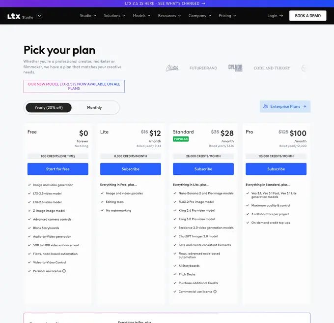 The LTX Studio plan table as it appeared on 16 September 2026.